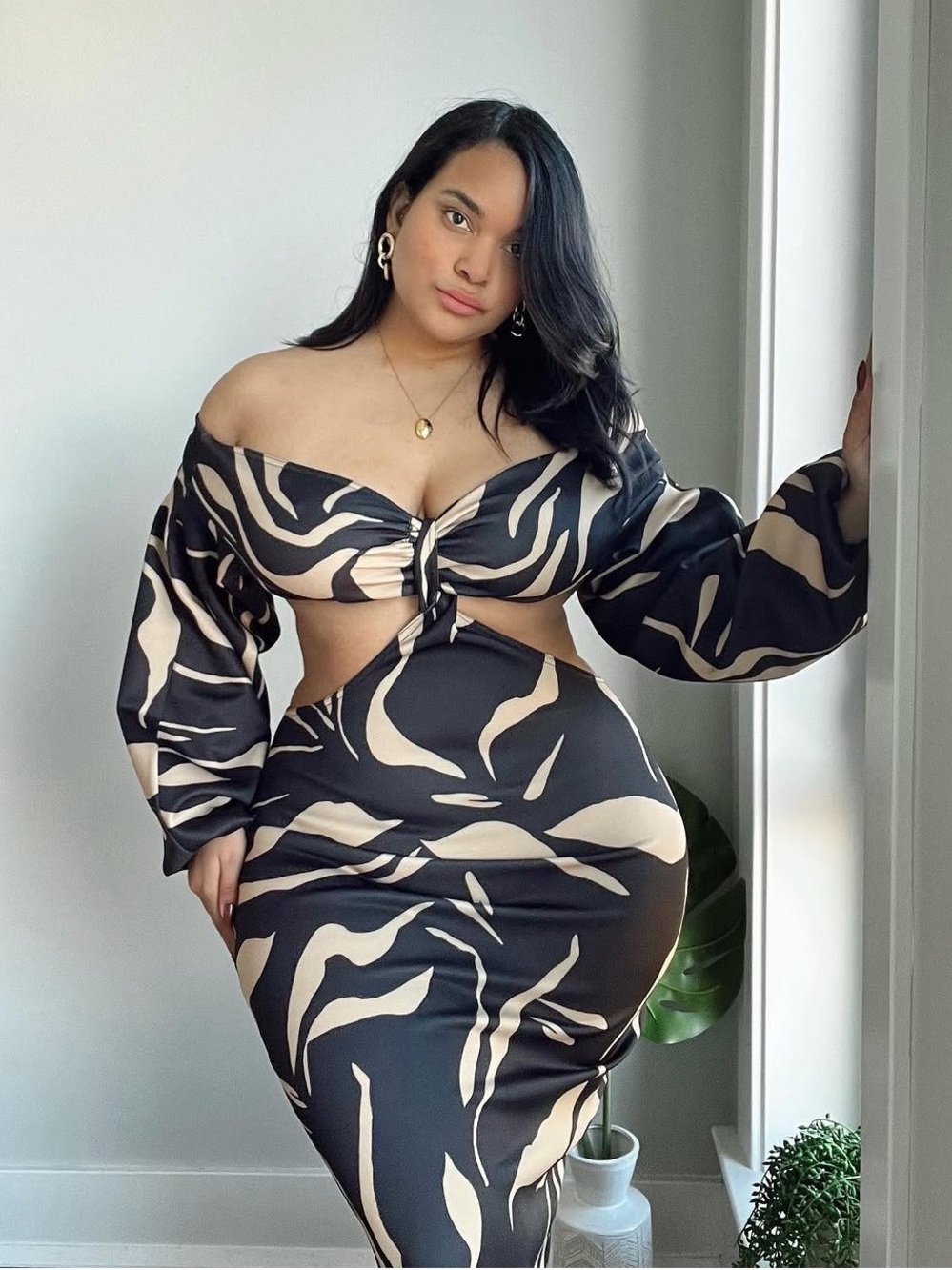 ASOS Cut out Bardot Bodycon Off-Shoulder Printed Midi Dress